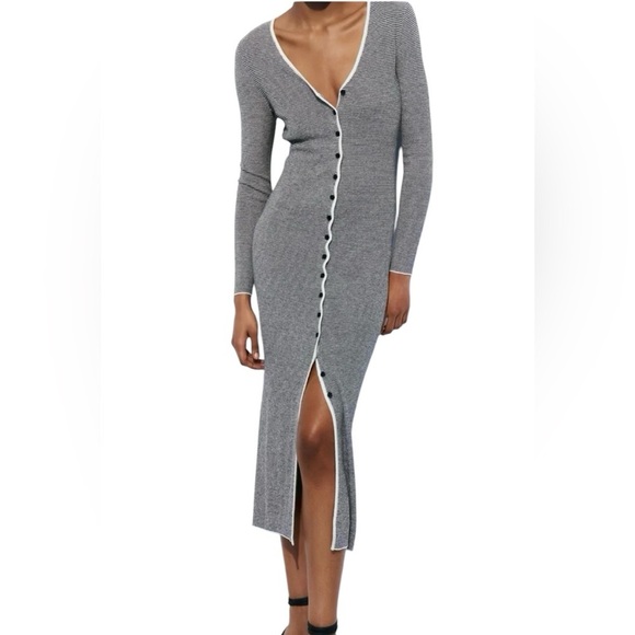 New ZARA V-neck Striped Midi Knit Dress With Contrast Buttons - Picture 1 of 6